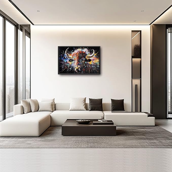 Framed Large Bison Buffalo Wall Art for Living Room, Oversized Graffiti Yak Cow Wall Decor Banksy Bull Canvas Painting Animal Pictures Modern Artwork for Living Room Bedroom Office 36"x24"