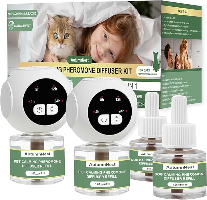 Cat Calming Pheromones Diffuser Kit with Timer – 2 Plug-Ins + 4 Refills (48ml) – 4-Level Timing – Stress Relief for Cats – Helps with Hiding, Scratching, Urine Marking, Travel, Vet Visits