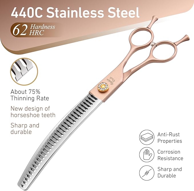 Fenice Peak Professional Curved Chunker Dog Grooming Scissors 7.0'' Rose Gold Thinning Shears Extremely Sharp Blades 440C Stainless Steel Thinning Shears Durable Smooth Fine Cut for Dogs and Cats.