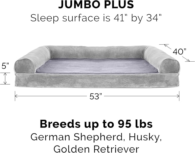 Furhaven Cooling Gel Dog Bed for Large Dogs w/ Removable Bolsters & Washable Cover, For Dogs Up to 125 lbs - Faux Fur & Velvet Sofa - Smoke Gray, Jumbo Plus/XXL