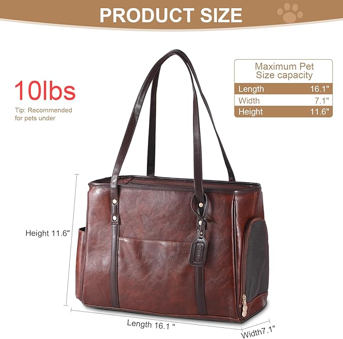 Fashion Dog Carrier Purse, Premium Leather Cat Carrier Bag, Airline Approved Soft Sided Pet Travel Tote Bag with Pockets Coffee