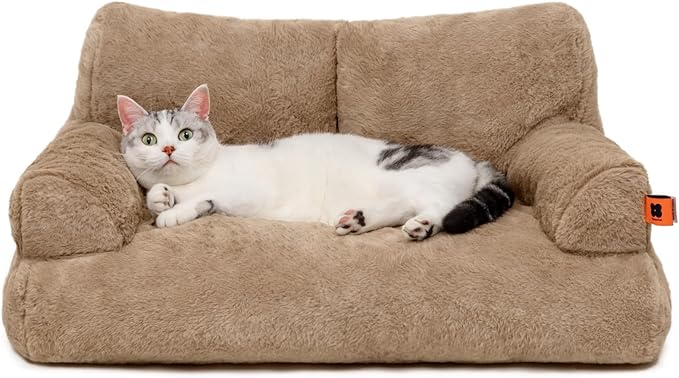 MEWOOFUN Dog Couch, Supportive Small Dog Bed for Puppy and Cats with Removable Washable Cover, Fluffy Cat Couch with Non-Slip Bottom (Camel, 26.0" L X 19.0" W X 13.0" Th)