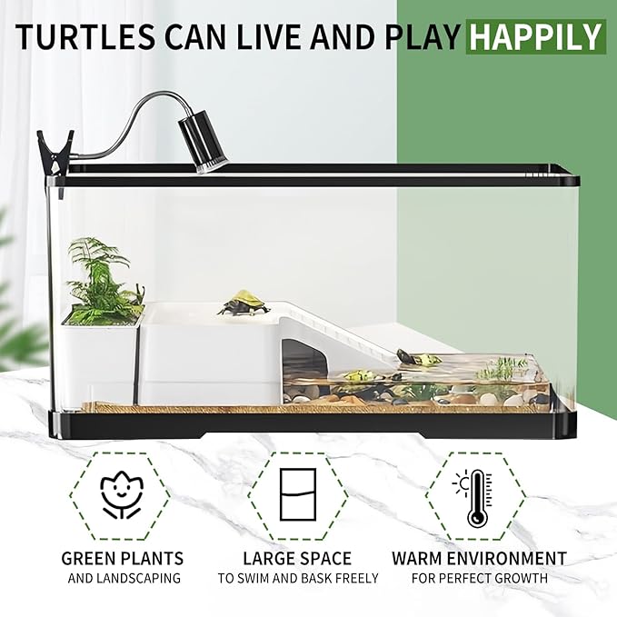 (Tank + Light + Filter + Filter Balls) Turtle Tank Kit, Turtle Tank Starter Kit,Bottom Drainage, Multi-Function Areas for Turtles, Crabs,Fishes, Amphibians,Reptiles.(21.65 × 12.28 × 12.28 Inch)
