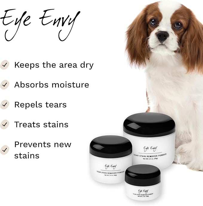 Eye Envy Tear Stain Remover Powder for Dogs and Cats. 100% Natural, Safe. Apply Around Eyes. Absorbs and Repels Tears. Keeps Area Dry. Treats The Cause of Staining. Made in The USA (2.5 oz)
