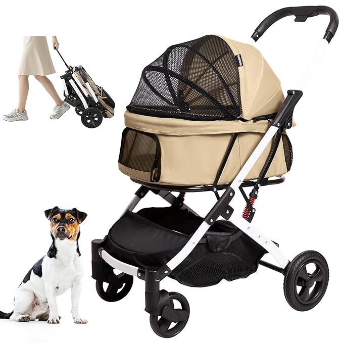 Pet Stroller for Medium Small Dog & Cat, Foldable Lightweight Dog Stroller with Storage Basket Pet Travel Carriage with Safety Leashes, 4 Wheel, Khaki