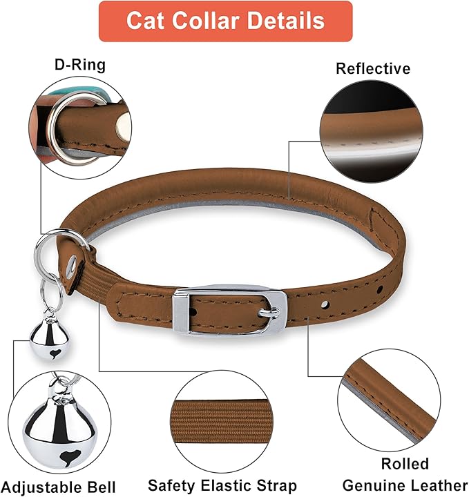 OOPSDOGGY Rolled Leather Cat Collar with Bell, Reflective Kitten Collars with Buckle Include Safety Elastic Strap - Adjustable Small Pet Collars for Boy Girl Cats (Beige)