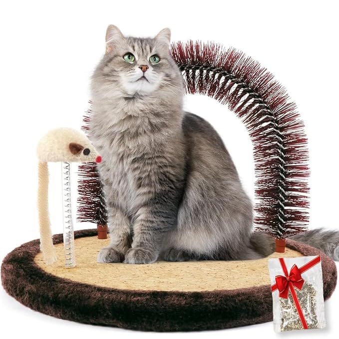Happi N Pets Large Cat Self Groomer, Arch Grooming Brush with Heavy Wooden Scratching Pad, Rubbing Post & Toy, Cat Face Scratchers Body Massager, Cat Scratchers for Indoor Cats, Brown