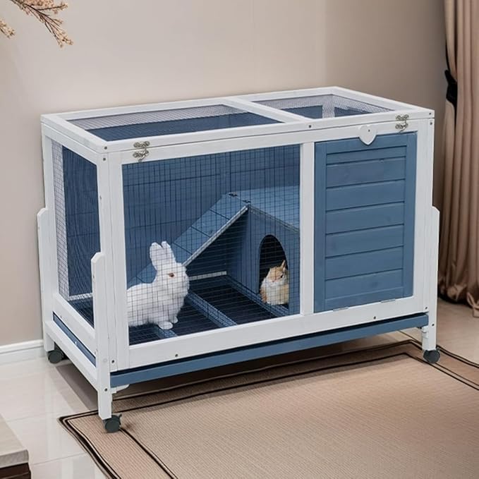 Two Floors Wooden Indoor Bunny Hutch Rabbit Cage on Wheels Guinea Pig PET House for Small to Medium Animals Waterproof No Leak Tray (M)
