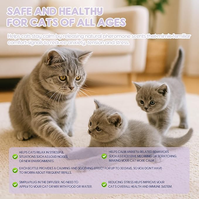 80S Cat Calming Diffuser Kit – Cat Pheromones Calming Liquid, Cat Pheromones Diffuser, 30 Days Continuous Stress & Anxiety Relief, Perfect for Multi-Cat Households, Fits All Common Diffuser Plug in