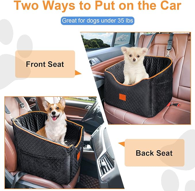 Dog Car Seat for Small Dogs, Memory Foam Booster Dog Seat for Dogs up to 35 lbs, Elevated Pet Car Seat with Washable Removable Cover, Storage Pockets (Black)