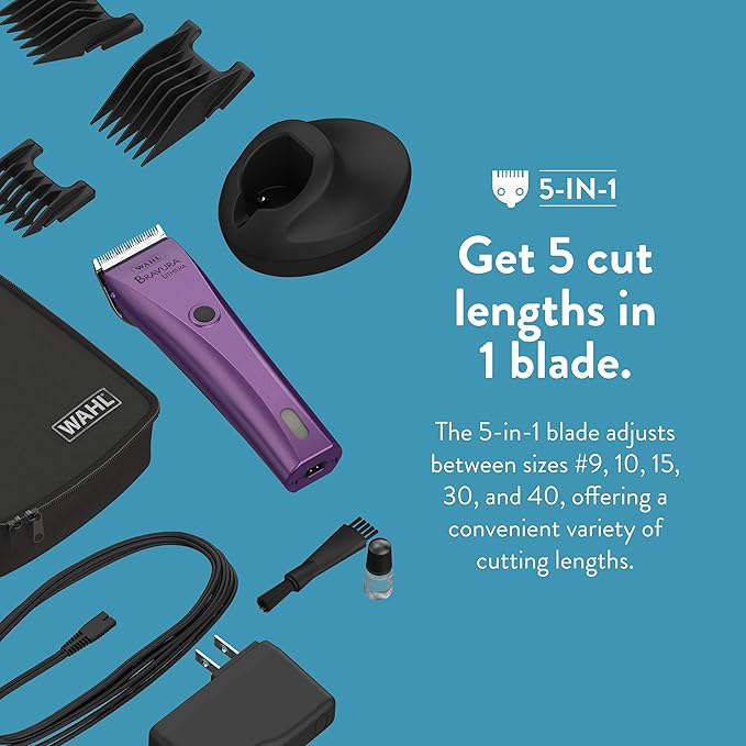 WAHL Professional Animal Bravura Lithium Ion Clipper - Pet, Dog, Cat, and Horse Corded/Cordless Clipper Kit, Purple (41870-0423)
