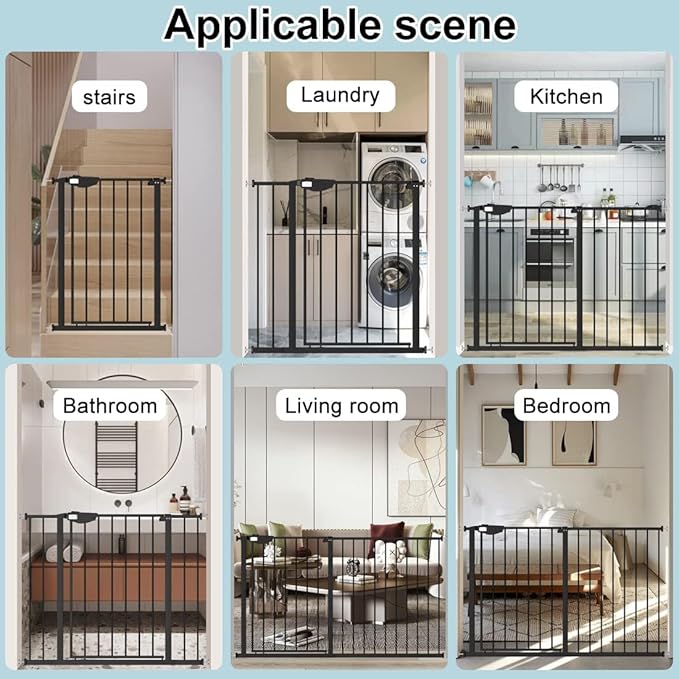 WAOWAO Triple Lock Baby Gate Extra Wide 49.21-53.14" Pressure Mounted Walk Through Swing Auto Close Safety Black Metal Dog Pet Puppy for Stairs,Doorways,Kitchen