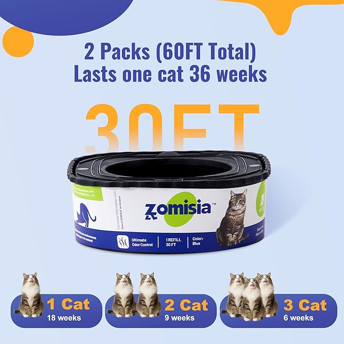 2 Pack Cat Litter Refill Bags, Non-See-Through Jumbo 60FT Cartridge Refill Total Up to 36 Weeks (Over 8 Months) Per Cat for Odor Control, Compatible with Genie Standard, Plus, Style