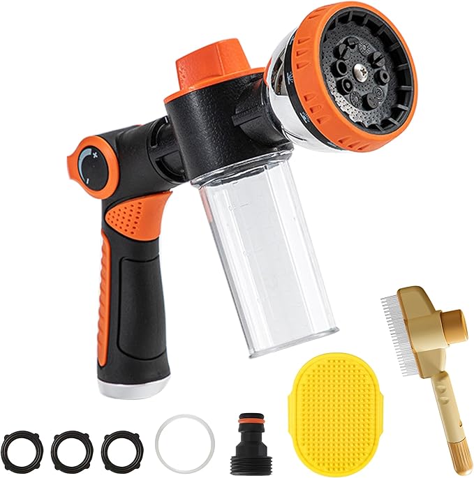 Dog Washing Hose Attachment, 10-in-1 Soap Sprayer Moden Garden Hose Nozzle with 100cc Soap Dispenser, Dog Wash Supplies with Dog Bath Brush & Pet Comb, Foam Gun Car Wash Sprayer (Orange)