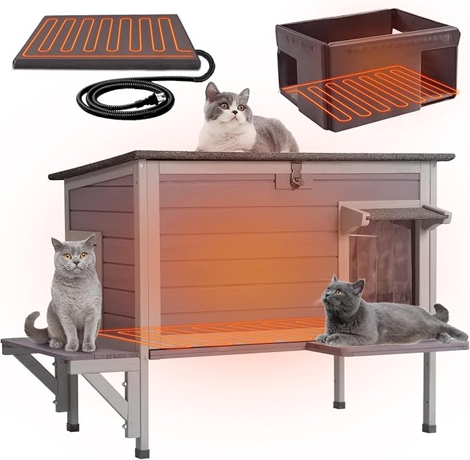 GUTINNEEN Heated Cat House Outdoor Cat House Insulated Weatherproof Feral Cat Shelter with Heated Pad and All-Round Thermal Liner for 1-3 Cats (Winter-Ready)