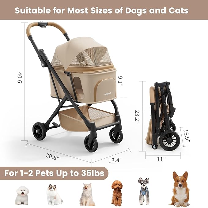 Lightweight Dog Stroller Portable Compact Folded Pet Stroller for Small/Medium Dogs & Cats Up to 35lbs One Click Folding Large Cat Carriage with Adjustable Canopy Storage Basket- Khaki