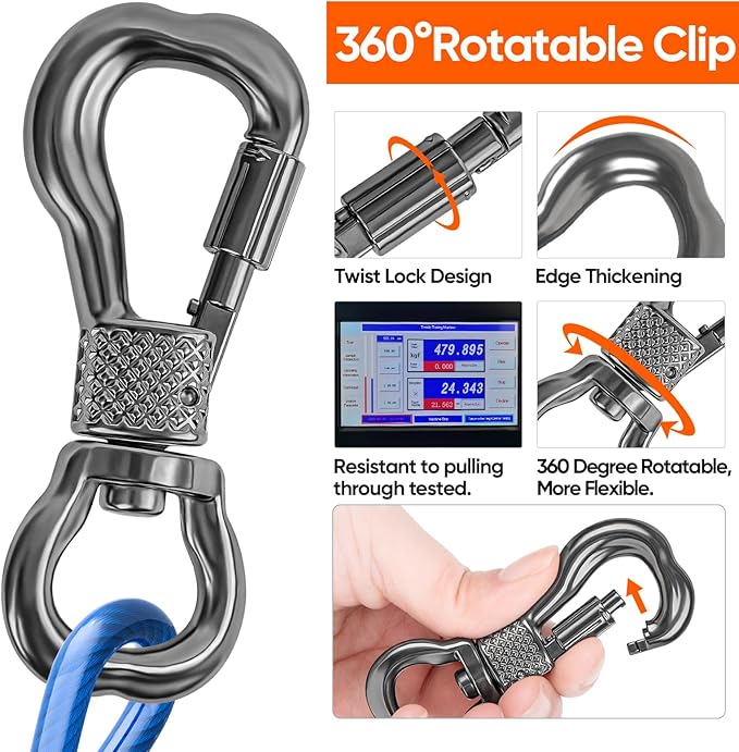 Tresbro 40FT Reflective Tie Out Cable for Dogs Up to 250 Pounds, Steel Wire Lead Leash Cable with Stainless Rotatable Clip, Lightweight and Enduring, Dog Lead Chains for Outside,Yard,Camping, Blue