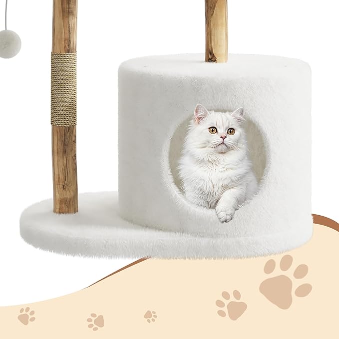 Modern Wood Cat Tree Tower for Large Cats | Luxury Solid Pear Wood Condo with Platforms, Scratching Posts & All-Season Mats, 43" Aesthetic Cat Furniture, 1 Branch