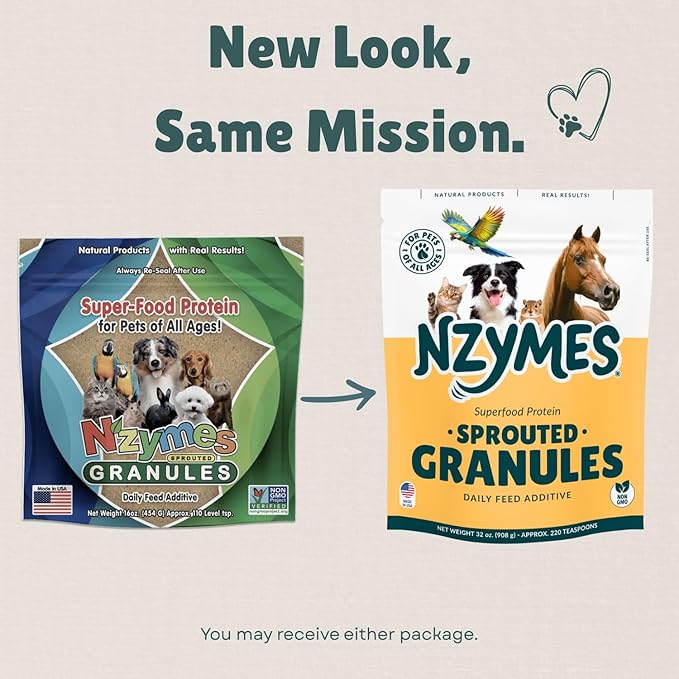 Nzymes® Sprouted Granules 2LBS for Dogs, Cats, Horses. Raw Super Food Protein and Antioxidant Nutrition. Cost Effective Food Supplement Dog Health Supplies. Supports Healthy Joints. 220 Servings. USA