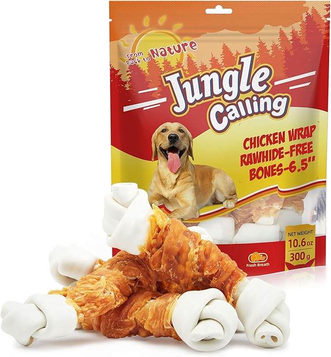Jungle Calling Rawhide Free Dog Bones, 6.5" Real Chicken Wrapped Dog Chew Bones for Medium and Large Dogs Training Treats