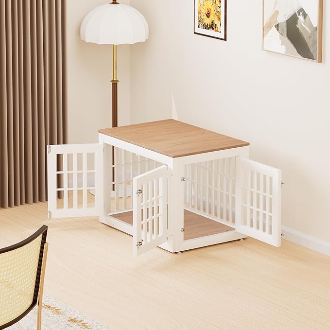 38" Heavy Duty Dog Crate Furniture for Small,Medium and Large Dogs,Rustic Wooden Dog Cage Kennel Indoor Furniture with Waterproof Top,Decorative Pet House Side End Table (White & Wood)