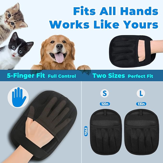 2Pcs Pet Hair Removal Gloves Kit (2 Sizes) for Dogs & Cats, 2025 Newly Upgraded Five-Finger Electrostatic Pet Hair Gloves, Reusable Pet Hair Remover Tools for Clothing, Carpet, Sofa Gaps, Car Seat