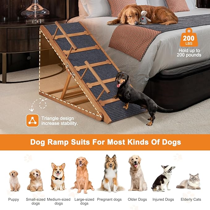 Wooden Dog Ramp for High Bed, 47.2" Long Non-Slip Dog Ramp for Couch, 6 Adjustable Heights from 15.7" to 28" with Side Rails for Small Medium Large Dogs(Up to 160 Lbs)