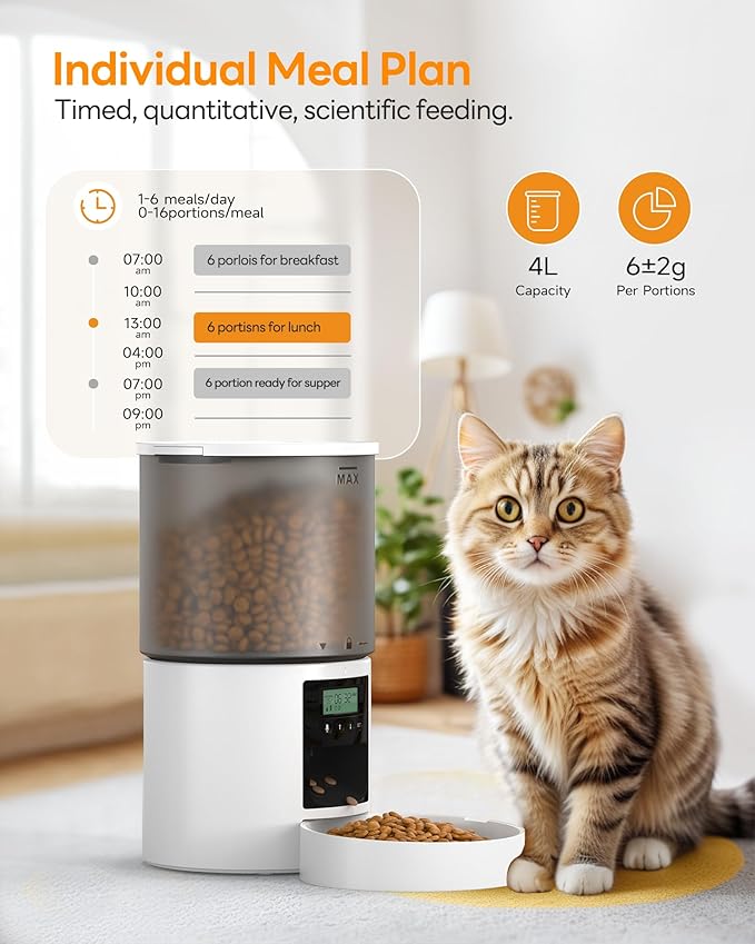 Automatic Cat Feeder Food Dispenser: 4L Timed Small Dog Dry Food Dispenser with 10s Voice - Distributeur Nourriture Chat Hund Programmable - Auto Pet Feeder with 1-6 Meals White