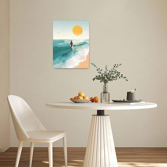 Beach Surfing Wall Art Ocean Coastal Wave Canvas Wall Decor Summer Nature Seascape Pictures Painting Print Framed Artwork Decorations for Bathroom Living Room Office Bedroom 12"x16"