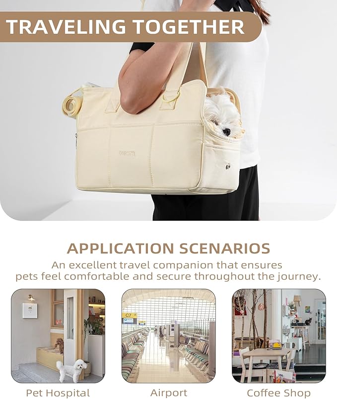Dog Purse Carrier for Small Dogs Rabbit cat with Large Pockets, Cotton Bag, Dog Carrier Soft Sided, Collapsible Travel Puppy Carrier (Beige, 13.6" L x 6.5" W x 10" H)
