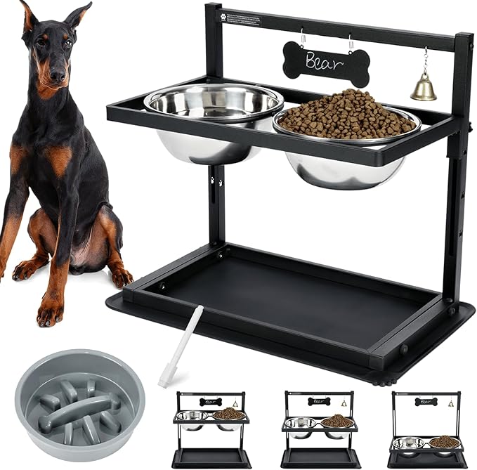 Elevated Slow Feeder Dog Bowls - Raised for Large Dogs, Adjustable Height, 2 Stainless Steel Bowls, Spill Proof Mat, Grey