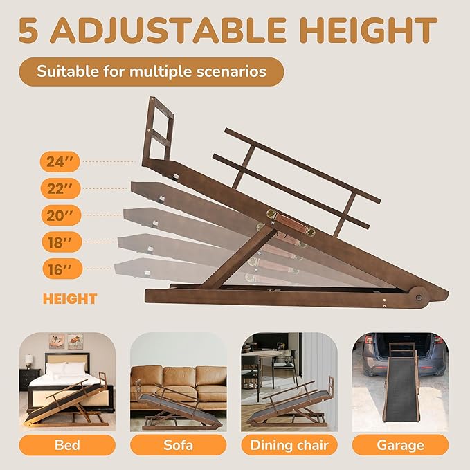 Dog Ramp for Bed, 5 Level Adjustable Dog Ramp for High Beds, Upgrade Rubber Mat High Traction Ramp with Safety Rails, Folding Pet Ramp for Bed, Couch,SUV, Natural Wood Pet Ramp for Small & Old Dogs