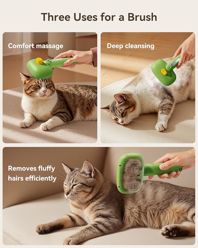 ROJECO 3-in-1 Pet Steam Brush for Cats&Dogs - Detangling Comb with Adjustable Mist, Handheld Deshedding Grooming Tool for Long/Short Hair, Massage Brush & Shedding Control Gift,Cordless (Green)