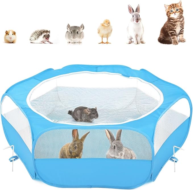 Pawaboo Small Animals Playpen, Waterproof Small Pet Cage Tent with Zippered Cover, Portable Outdoor Yard Fence with 3 Metal Rod for Chick/Kitten/Puppy/Guinea Pig/Rabbits/Hamster/Chinchillas,Light Blue