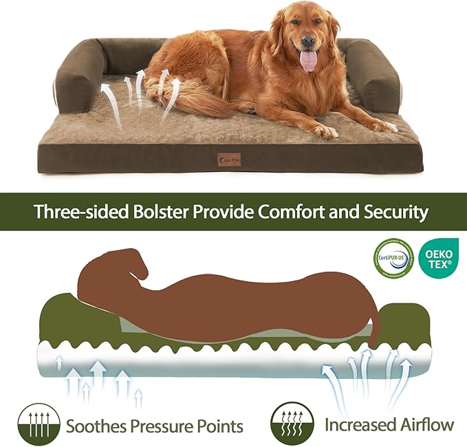 Orthopedic Dog Beds for Large Dogs, Waterproof Dog Beds, Egg-Crate Foam Dogs Couch Beds, Comfy Bolster Pet Bed with Removable Washable Cover, Nonskid Bottom (Large,Brown)