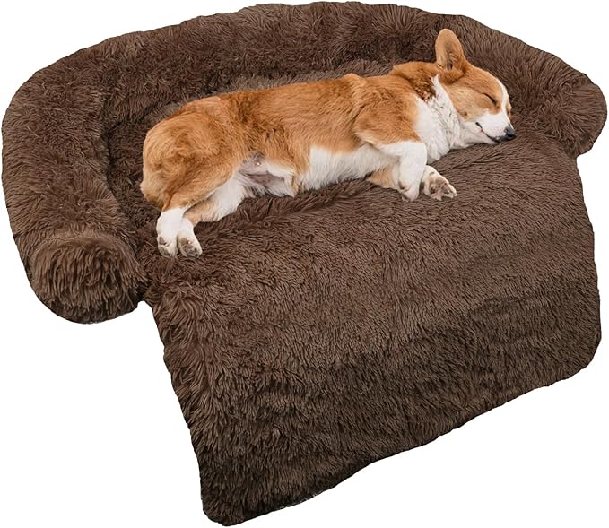 GGIB Calming Dog Bed Fluffy Plush Dog Mat for Furniture Protector with Removable Washable Cover for Large Medium Small Dogs and Cats (Medium, Coffee)