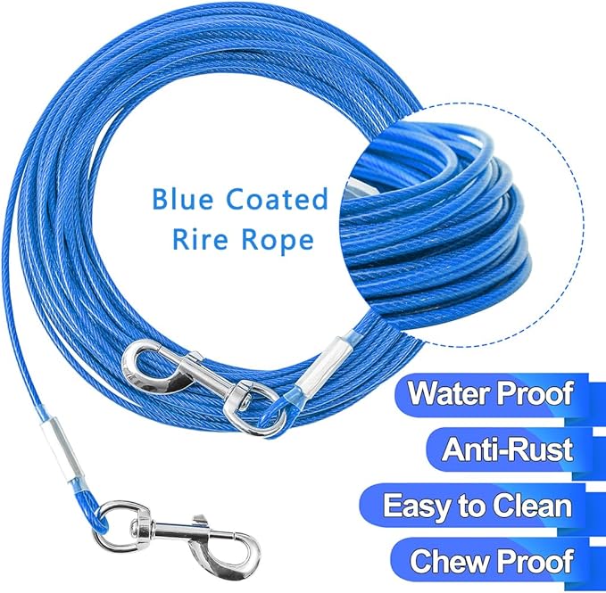10FT Heavy Duty Dog Tie Out Cable for Large Dogs up to 125lbs, Durable Runner Tether Line (Blue)