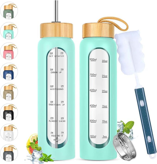 32 oz Glass Water Bottle with Straw - Motivational Time Marker & Silicone Sleeve - Reusable Tumbler Includes 2 Bamboo Lids & Fruit Infuser - 1 Pack