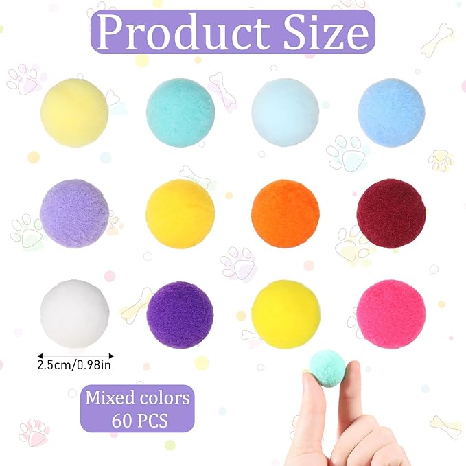 60 Pcs Cat Toy Balls 1-inch Colorful Cat Pom Pom Balls Soft Interactive Cat Balls Cat Play Toy Cat Exercise Toys Cats Interactive Playing Quiet Ball Fuzzy Kitten Ball for Cat Pet