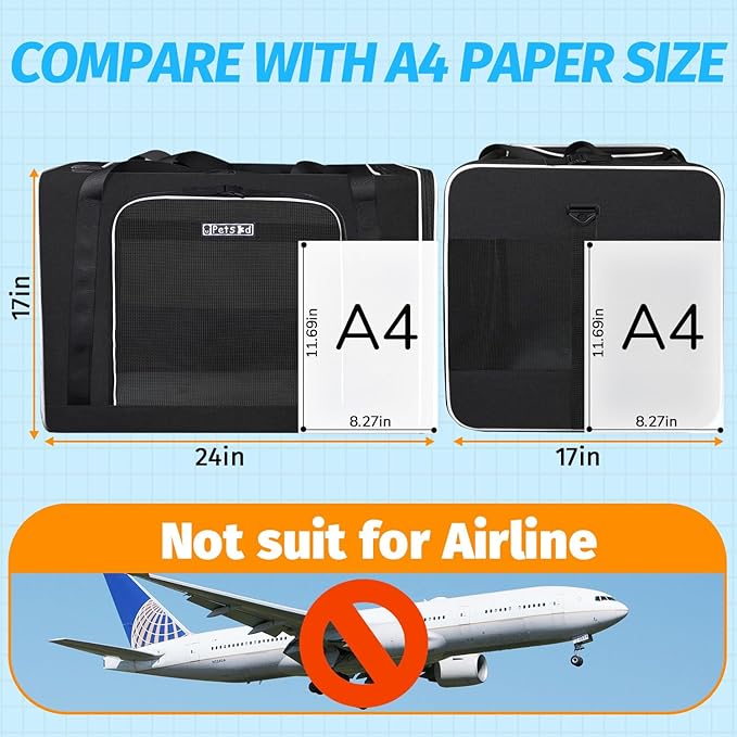 Petskd Extra Large Pet Carrier 24"x17"x17" for Large Cat or Medium Dog, Collapsible Soft Sided Dog cat Carrier for Long Trips with Lockable Safety Zippers(Black)