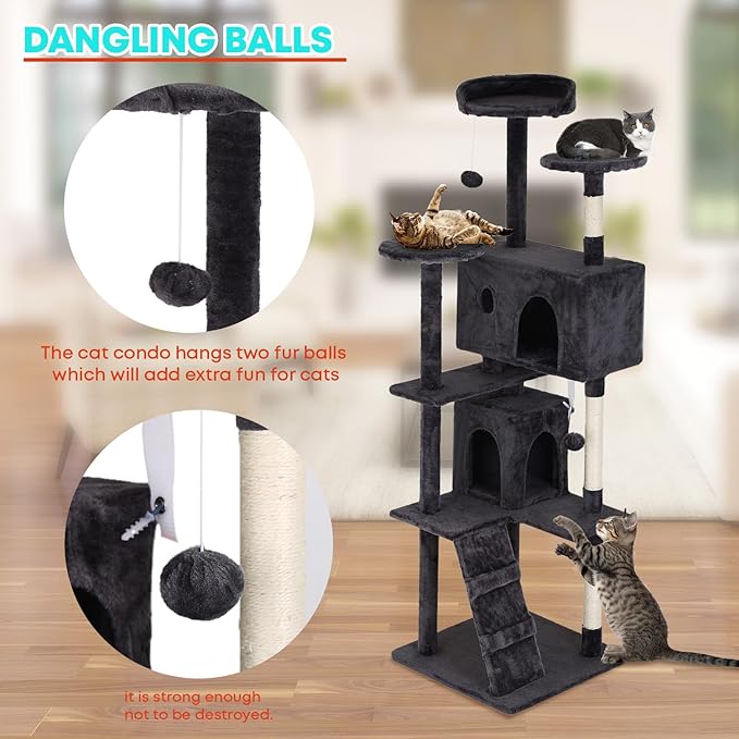 FDW Cat Tree 70in Cat Tower Multi-Level Durable Cat Scratching Post & Cozy Fun Cat Jumping Platform Space Saving Cat Condo Pet Play House for Indoor Cats,Dark Gray