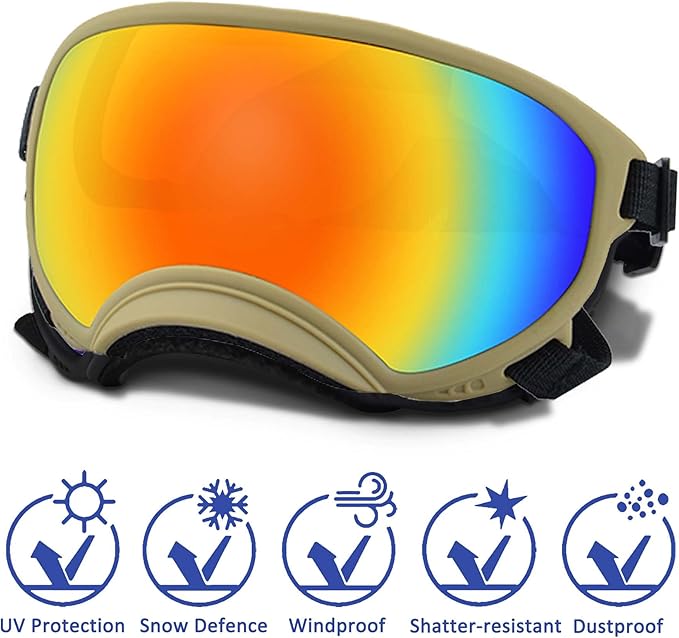 Large Dog Sunglasses with Adjustable Strap UV Protection, Winproof Puppy Sunglasses, Suitable for Medium-Large Pet Glasses, Dogs Eyes Soft Goggles, Khaki Colours