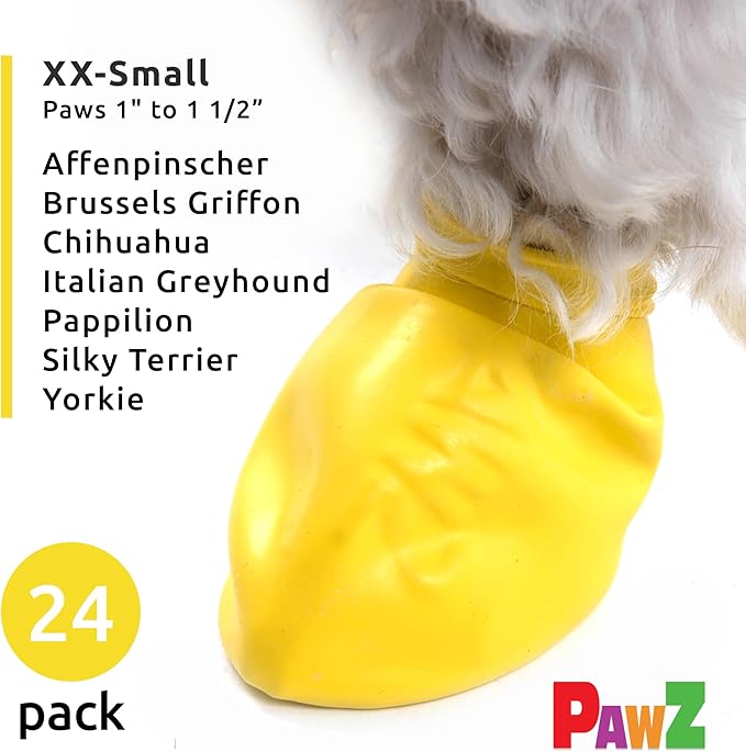 PawZ Rubber Dog Boots for Paws up to 1 1/2", 24 Total (2 Packs of 12) - All-Weather Dog Booties for Hot Pavement, Snow, Mud, and Rain - Waterproof, Anti Slip Dog Socks - XX-Small, Yellow