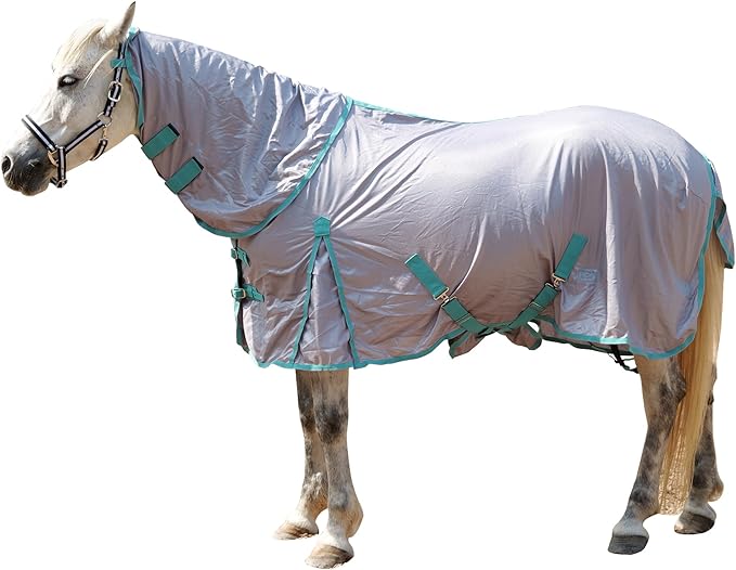 Horse Fly Sheet with Detachable Neck Cover & Belly Wrap, Adjustable Fly Sheet for Horses, Ventilated Airflow Mesh Equine Cooling Summer Flysheet Grey 72