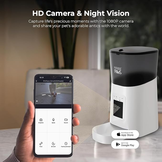 Smart HD Cat Feeder, 2 Way Audio + Voice Recording, Automatic Feeder for Dog with 1080p Night Vision Camera, WiFi App Controlled, Battery Backup, Anti Jam 6L Upto 15 Daily Meals, White