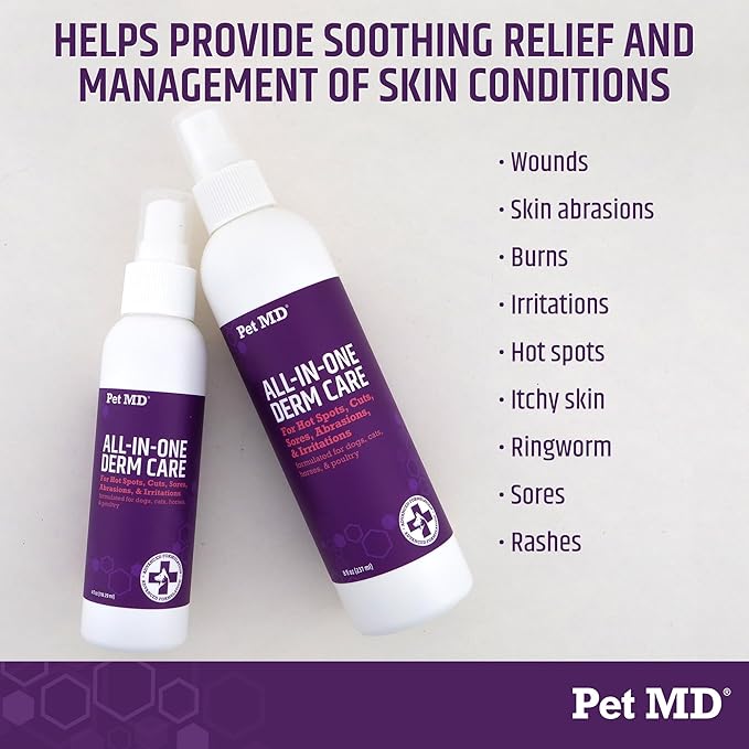 Pet MD All-in-One Derm Care - Hypochlorous Acid Spray for Dogs & All Pets - Skin Soother for Dogs & Wound Spray for Dogs - Cat Wound Care, Dog Hot Spot Remedy, & Dog Itch Relief - 4oz