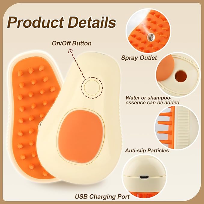 Cat Steam Brush, 3 in 1 Cat Steamy Brush, Silicone Massage Grooming Comb, Pet Hair Cleaning Misting Comb for Kittens(Avocado White)