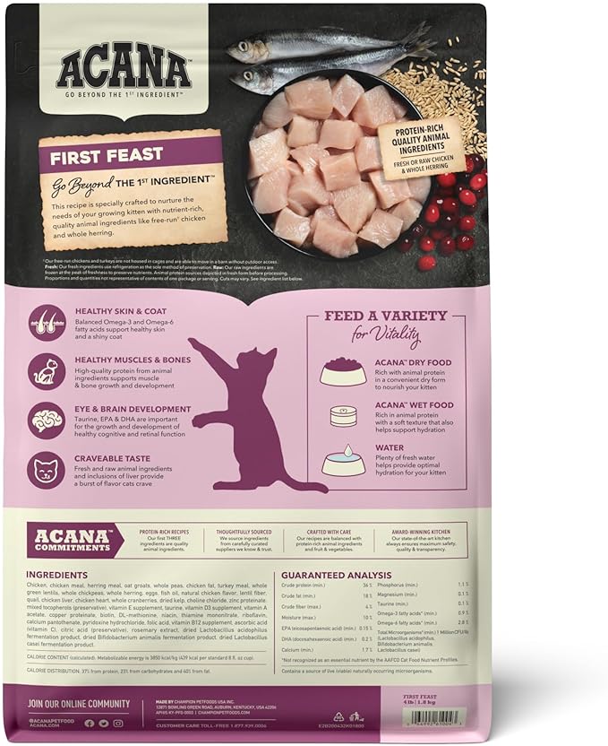 ACANA Dry Cat Food for Kittens, First Feast, Free Run Chicken and Whole Herring, 4lb