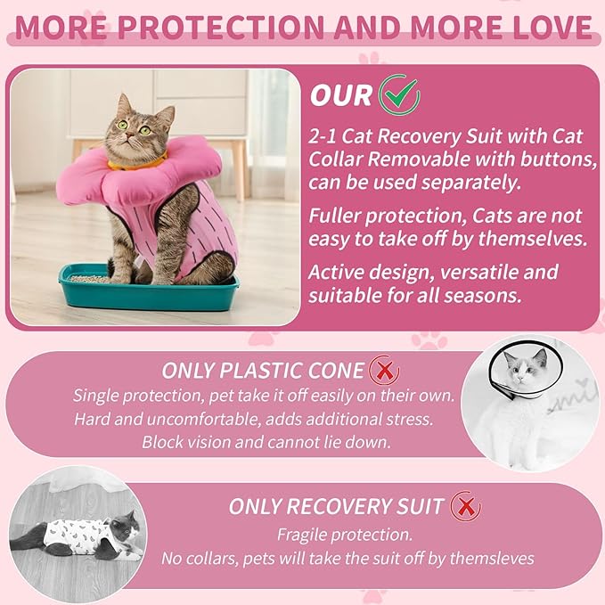 EMUST 2-in-1 Cat Recovery Suit & Cone Collar - Cute Surgical Suit for Abdominal Wounds, Adjustable Soft Flower Collar - Cat Onesie After Surgery, 4-8lb (Pink, M)