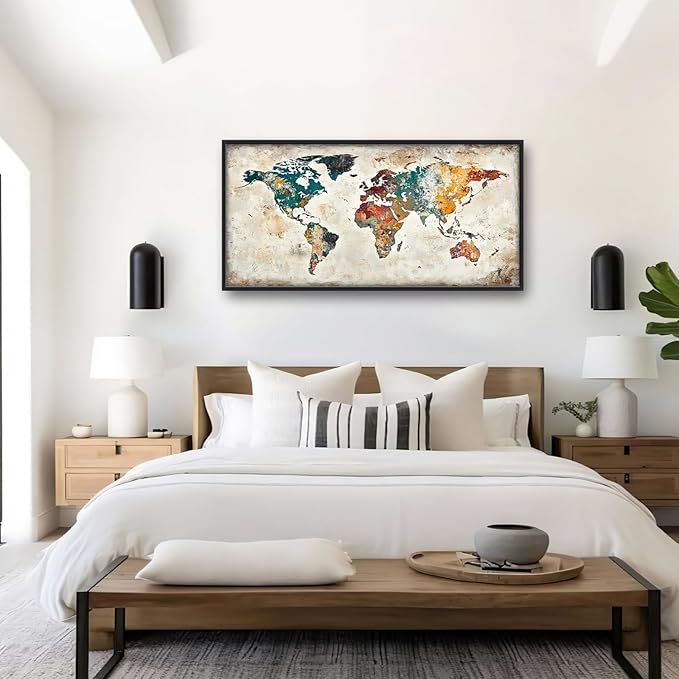 Extra Large Framed World Map Wall Art,Oversized Colorful Vintage Nautical Map Wall Decor Pictures for Living Room,Canvas Print Painting Modern Artwork Office Bedroom Home Decor 60L x30W